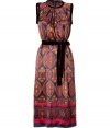 Luxurious dress in fine, multicolored silk - Multi-colored wonderland print in brown, blue and yellow - Especially soft, flattering quality - The cut is casual and crazy comfortable - Slim top with a feminine round neckline, sleeveless - Figure-flattering belted waist - The skirt is A-line and calf-length, springing up in loose folds - A classy, feel-good dress for all chic occasions - Wear with wedges, toe sandals, ballerinas