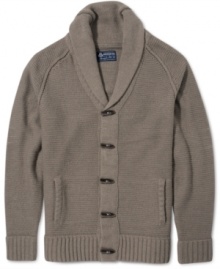 Update your casual look with dapper style in this shawl cardigan with toggle front. Update your casual look with dapper style in this shawl cardigan with toggle front.