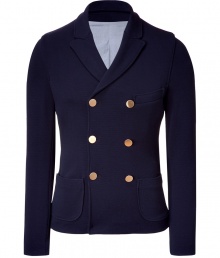 Luxurious navy viscose creates this trendy update to a classic jacket - Functional and stylish it brings warmth to many causal occasions - New, narrow waisted silhouette - Decorative gold-colored double-breasted button front - Two front patch pockets - Trim, long sleeves - Great alternative to a blazer when paired with jeans and a cool tee, sneakers or sleek lace-ups Luxurious navy viscose creates this trendy update to a classic jacket - Functional and stylish it brings warmth to many causal occasions - New, narrow waisted silhouette - Decorative gold-colored double-breasted button front - Two front patch pockets - Trim, long sleeves - Great alternative to a blazer when paired with jeans and a cool tee, sneakers or sleek lace-ups