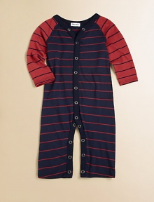 A precious little one-piece for baby in a snap-front silhouette with bold stripes.V-neckLong sleevesSnap front and bottom45% cotton/45% modal/10% polyesterMachine washImported Please note: Number of snaps may vary depending on size ordered. A precious little one-piece for baby in a snap-front silhouette with bold stripes.V-neckLong sleevesSnap front and bottom45% cotton/45% modal/10% polyesterMachine washImported Please note: Number of snaps may vary depending on size ordered.