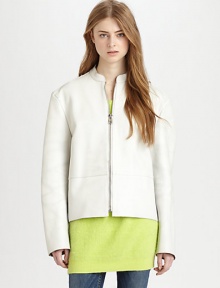 Clean and contemporary silhouette of buttery leather with exposed zippers and a versatile belt. Collar with single shoulder snapped strapFront zip closureLong sleevesDetachable adjustable leather beltBack zip openings for beltDual adjustable zip vents to hemAbout 24 from shoulder to hemLeatherDry cleanImportedModel shown is 5'10 (177cm) wearing US size 4. Clean and contemporary silhouette of buttery leather with exposed zippers and a versatile belt. Collar with single shoulder snapped strapFront zip closureLong sleevesDetachable adjustable leather beltBack zip openings for beltDual adjustable zip vents to hemAbout 24 from shoulder to hemLeatherDry cleanImportedModel shown is 5'10 (177cm) wearing US size 4.