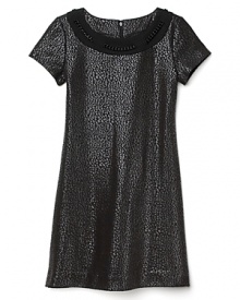An on-trend leopard print dress from Nicole Miller Kids flaunts an embellished neckline on an a line silhouette. An on-trend leopard print dress from Nicole Miller Kids flaunts an embellished neckline on an a line silhouette.