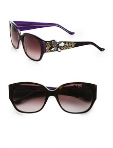 THE LOOKPlastic variegated framesRounded square shapeAustrian stone butterfly and leaf details on temples and tipsUVA and UVB protectiveTHE COLORAmethyst frames with gradient smoke lensesORIGINImported THE LOOKPlastic variegated framesRounded square shapeAustrian stone butterfly and leaf details on temples and tipsUVA and UVB protectiveTHE COLORAmethyst frames with gradient smoke lensesORIGINImported