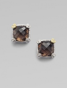 From the Linen Collection. A small cushion-cut smokey quartz stone shimmers in a sterling silver and 18K gold setting.Smokey quartz 18K gold Sterling silver Width, about ¼ Post backs Imported 