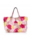 Exquisitely crafted with allover satin textural roses, Valentinos pastel tote guarantees a romantic and covetable edge to every outfit - Tonal leather trim, embossed logo plaque, flat leather double top handles, leather top strap with double ring hardware, inside zippered back wall pocket, two front wall slot pockets, platinum-toned hardware, protective feet - Carry as a pretty polish to your most festive event