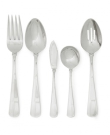 The Vows flatware line from Lauren Ralph Lauren features intertwined silver bands accenting the sleek silhouette on the handles. Includes a cold meat fork, serving spoon, butter knife, sugar spoon and pierced serving spoon. The Vows flatware line from Lauren Ralph Lauren features intertwined silver bands accenting the sleek silhouette on the handles. Includes a cold meat fork, serving spoon, butter knife, sugar spoon and pierced serving spoon.