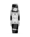 A trim take on a timeless look, Burberry's modern watch features a slim rectangle face and graphic-print check strap.