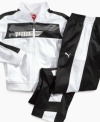 Fast and furious. He'll be geared up for the track or just regular running-around in these comfortable pants from Puma.