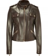 The always favorite biker jacket gets an ultra luxurious remake in Michael Kors chocolate leather silhouette, cut to perfection for a close, flattering fit - Belted stand-up collar, long sleeves, zippered cuffs, front zip, snapped and zippered pockets, epaulettes, form-fitting - Pair with mini skirts and sleek ankle boots