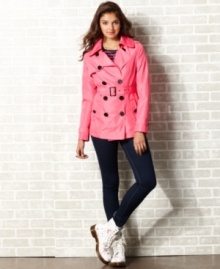 Forget the boring fall jacket! Designed in a hot pink hue, this double-breasted trench from Pink Envelope makes a classic style fun!