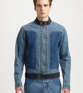 A fashion-forward rendition of a classic denim jacket with careful attention to detail, including a colorblocked effect, elbow patches and zippered cuffs for a vintage-inspired finish.Zip frontStand collarAbout 24 from shoulder to hemCottonMachine washMade in Italy