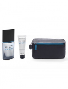 L'Eau d'Issey Pour Homme Sport celebrates its first holiday in the house of Miyake with a 3-piece gift set featuring: Eau de toilette spray, 3.3 oz.; all-over shampoo, 2.5 oz. and a sporty, limited-edition travel case, all for the price of the spray. Made in France. L'Eau d'Issey Pour Homme Sport celebrates its first holiday in the house of Miyake with a 3-piece gift set featuring: Eau de toilette spray, 3.3 oz.; all-over shampoo, 2.5 oz. and a sporty, limited-edition travel case, all for the price of the spray. Made in France.