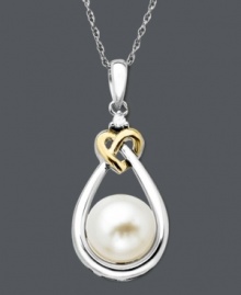 Adorn yourself in timeless design. A chic teardrop setting in sterling silver cradles a smooth cultured freshwater pearl (8 mm) and diamond accent. A touch of luxury is added with a rich 14k gold heart. Approximate length: 18 inches. Approximate drop: 3/4 inch. Adorn yourself in timeless design. A chic teardrop setting in sterling silver cradles a smooth cultured freshwater pearl (8 mm) and diamond accent. A touch of luxury is added with a rich 14k gold heart. Approximate length: 18 inches. Approximate drop: 3/4 inch.