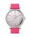 A mirror dial adds an eye-catching contrast to this bold round watch from Timex, paired with a pink silicone strap.