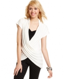 Get all wrapped up in Planet Gold's cozy, short sleeve sweater! A criss-cross drape design makes this layering piece totally unique. Get all wrapped up in Planet Gold's cozy, short sleeve sweater! A criss-cross drape design makes this layering piece totally unique.