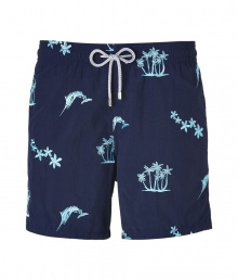 Detailed with embroidered palms, flowers and marlins, Vilebrequins Mistral swim trunks are a fun choice for beachside looks - Waterproof elastic waistband, back flap pocket with engraved metal turtle snap, side slit pockets, back eyelets for release of water, durable drawstring cord with stainless metal aglets, interior cotton briefs - Classic slim fit - Wear in the water, or post-swim with a polo and flip-flops - Comes with a logo printed drawstring pouch