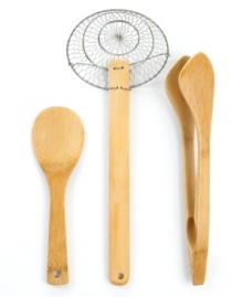 Keep cool with the master craftsmanship of these bamboo tools, which cut heat off where it starts by staying completely cool while prepping, cooking and serving. An asian strainer, tongs and rice paddle introduce convenience to your kitchen with a lightweight build that cleans up quick in the dishwasher and never scratches nonstick surfaces. Keep cool with the master craftsmanship of these bamboo tools, which cut heat off where it starts by staying completely cool while prepping, cooking and serving. An asian strainer, tongs and rice paddle introduce convenience to your kitchen with a lightweight build that cleans up quick in the dishwasher and never scratches nonstick surfaces.