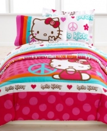 Peace. Love. Hello Kitty. Featuring 60's-inspired type and cute heart, peace sign, flower and Hello Kitty graphics, this Peace Kitty sheet set is totally groovy.