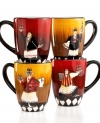 At your service, Bistro mugs combine serious durability with a sense of humor. An illustrated waitstaff keeps the wine coming, creating a festive atmosphere around any casual table.