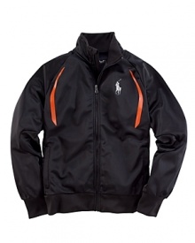 A sporty mockneck track jacket exudes modern athletic style in sleek microfiber with a full-zip front, soft microfleece lining and Ralph Lauren's metallic screen-printed pony. A sporty mockneck track jacket exudes modern athletic style in sleek microfiber with a full-zip front, soft microfleece lining and Ralph Lauren's metallic screen-printed pony.