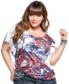 Rock a standout look with One World's butterfly sleeve plus size top, flaunting an embellished sublimated print!