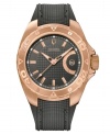 Complement your style with this smart Curacao collection watch by Bulova Accutron. Black textured rubber strap and round rose-gold ion-plated stainless steel case with rotating bezel and anti-reflective sapphire crystal. Black grid-patterned dial features rose-gold tone stick indices, minute track, date window at three o'clock, luminous hands and logo. Swiss mechanical Sellita movement. Water resistant to 300 meters. Five-year limited warranty.