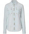 With a retro-inspired stud detail, this luxe button down from Balmain will effortlessly elevate your wardrobe basics - Spread collar, front button placket with dual-stud button detail, chest pockets with studs, asymmetrical rounded hem - Pair with leather leggings, buckle-detailed ankle boots, and a statement satchel