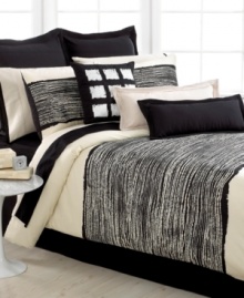 Black and white and chic all over. The Brushstroke sheet set from Echo brings bold modern style to the bedroom in pure, 300 thread count cotton sateen. The fitted sheet features solid black while the flat sheet and pillowcases boast bright white with a black hem. Black and white and chic all over. The Brushstroke sheet set from Echo brings bold modern style to the bedroom in pure, 300 thread count cotton sateen. The fitted sheet features solid black while the flat sheet and pillowcases boast bright white with a black hem.