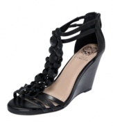 Keep calm. With the Zen sandals by Vince Camuto in your closet, you always have the perfect warm weather shoe on hand. Rhinestones light up the vamp of these versatile slim-line wedges.