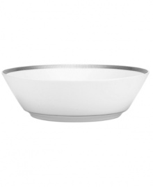 Go platinum. A solid band and three tiers of sparkling squares in white porcelain give the Pembroke Platinum soup bowl a look that's festive yet refined. A brilliant addition to a contemporary dinnerware collection by Noritake. Item differs slightly from product shown; no platinum banding at base. Go platinum. A solid band and three tiers of sparkling squares in white porcelain give the Pembroke Platinum soup bowl a look that's festive yet refined. A brilliant addition to a contemporary dinnerware collection by Noritake. Item differs slightly from product shown; no platinum banding at base.