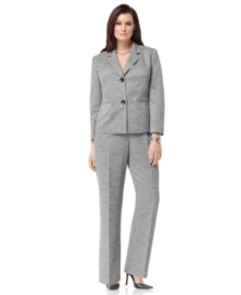 A variegated fabric adds interest to this sleek plus size suit from Le Suit. Makes a striking first impression at business meetings and looks polished everyday.