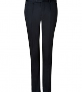 Lend some dandyish style to your office or off-duty look with these versatile cotton pants from Baldessarini - Flat front with button tab, belt loops, on-seam pockets, back welt pockets with buttons, straight leg with crease details - Slim tailored fit - Style with a matching blazer or a cashmere pullover and a leather jacket