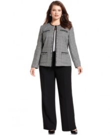 Tahari's plus size blazer puts a modern spin on classic, ladylike tweed.  Flattering coordinated trousers complete the ensemble.