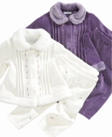 Snuggle her up in style with this cozy and cute velour jacket and pants set by First Impressions. Snuggle her up in style with this cozy and cute velour jacket and pants set by First Impressions.