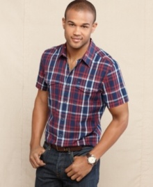 Get fit this summer with this slim plaid shirt. As part of the Tommy Hilfiger Indigo Collection, it's an instant casual classic. Get fit this summer with this slim plaid shirt. As part of the Tommy Hilfiger Indigo Collection, it's an instant casual classic.