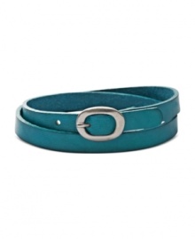 Double up this season with colorful accessories! This double-wrap bracelet from Fossil flaunts teal color with a silver tone buckle closure. Crafted in teal-colored leather. Approximate length: 15 inches. Double up this season with colorful accessories! This double-wrap bracelet from Fossil flaunts teal color with a silver tone buckle closure. Crafted in teal-colored leather. Approximate length: 15 inches.