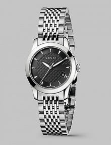 From the G-Timeless Collection. A prestigous design with classic, round face and diamond-patterned dial is crafted in the durability and lasting elegance of stainless steel. Stainless steel case diameter; 27mm (1.06) Precision quartz movement Water-resistant to 3ATM Stainless steel bezel Round face Black diamond-pattern dial Markers Second hand Date display at 4 o'clock Stainless steel bracelet Made in Switzerland 