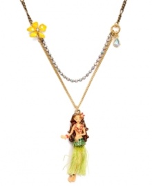 Look the part at your next luau. Betsey Johnson's Hawaiian-inspired style features an adorable hula girl and a bright yellow flower charm. Set in gold-plated mixed metal with sparkling crystal accents. Approximate length: 16 inches + 3-inch extender. Approximate drop: 2-1/2 inches.