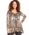 Link up your leggings with One World's long sleeve plus size tunic top, broadcasting a sublimated print.