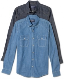 American Rag reworks the classic denim work shirt with flap-covered chest pockets and a slanted, slightly Western-looking yoke.