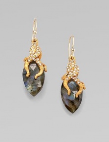 A pretty piece featuring a goldtone vine cap. LabradoriteGoldtoneSwarovski crystalsLength, about 1½14k gold filled French ear wireMade in USA A pretty piece featuring a goldtone vine cap. LabradoriteGoldtoneSwarovski crystalsLength, about 1½14k gold filled French ear wireMade in USA