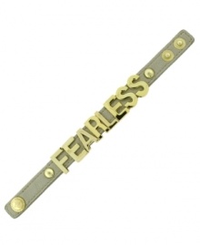 Show them how bold you really are with BCBGeneration's Fearless bracelet. Made of painted green leather, it features gold-tone letters and a snap closure. Approximate length: 8 inches.