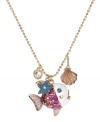 Betsey Johnson's deep-blue-sea pendant combines a pink and white fish with crystal accents and gold tone details with a gold tone seashell, turquoise starfish and small crystal heart. Crafted in antique gold tone mixed metal. Approximate length: 16 inches + 3-inch extender. Approximate drop length: 1-1/4 inches. Approximate drop width: 1-1/4 inches.