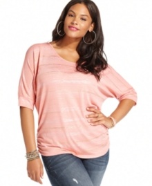 Look stunning in stripes with Belle Du Jour's three-quarter-sleeve plus size sweater, featuring a cutout back!