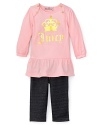 Juicy Couture brings you a must-have set: a top with gilded Juicy crown logo features a ruffle hem, and partners perfectly with refined denim leggings.