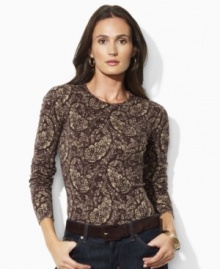 A vibrant paisley print enlivens the essential long sleeved cotton jersey tee from Lauren by Ralph Lauren, with a feminine crew neckline for modern sophistication.