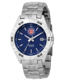 Show your Chicago Cubs loyalty every second of the day with this signature team watch from Fossil. Stainless steel bracelet and round case. Bezel embossed with black numerals. Blue striped dial features Cubs logo, silvertone stick indices, luminous hands and date window at three o'clock. Quartz movement. Water resistant to 100 meters. Eleven-year limited warranty.