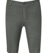 Stylish Bermuda short in fine, dark grey linen - Soft and lightweight material - Belt loops and button closure - Pockets at sides and welt pockets at rear - Flattering crease detail at thighs - Slim cut, hits above knee - Relaxed yet elegant and classically cool - Pair with a t-shirt, a polo or a button down