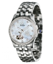 Beauty that makes your heart skip a beat. This gorgeous Bulova watch features a stainless steel bracelet and case. Diamond-accented bezel. White mother-of-pearl dial with logo, diamond accents at indices and heart-shaped window. Automatic movement. Water resistant to 30 meters. Three-year warranty. Beauty that makes your heart skip a beat. This gorgeous Bulova watch features a stainless steel bracelet and case. Diamond-accented bezel. White mother-of-pearl dial with logo, diamond accents at indices and heart-shaped window. Automatic movement. Water resistant to 30 meters. Three-year warranty.