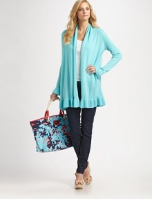 A luscious open-front design with ultra-feminine ruffles.Open-front designLong sleevesRaglan seamsRuffle detailsCashmereImportedDry clean Model shown is 5'10 (177cm) wearing US size Small. A luscious open-front design with ultra-feminine ruffles.Open-front designLong sleevesRaglan seamsRuffle detailsCashmereImportedDry clean Model shown is 5'10 (177cm) wearing US size Small.